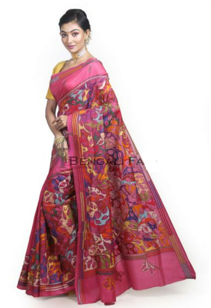 Pink Multicolor Pure Silk Shantiniketan Kantha Stitch Saree
