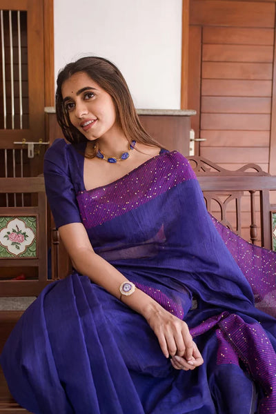 Rathi Blue Bengal Cotton Silk Saree With Chumki Boarder