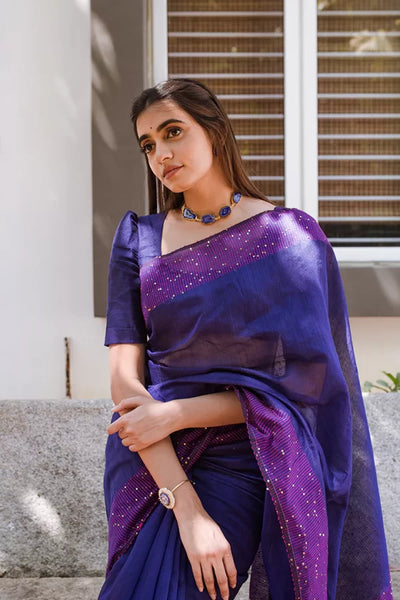 Rathi Blue Bengal Cotton Silk Saree With Chumki Boarder