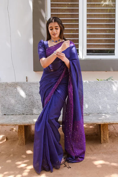 Rathi Blue Bengal Cotton Silk Saree With Chumki Boarder