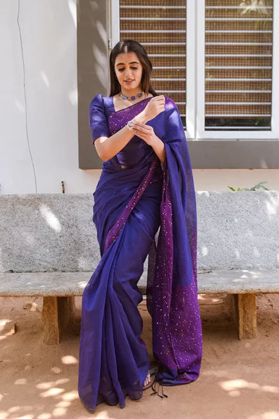 Rathi Blue Bengal Cotton Silk Saree With Chumki Boarder