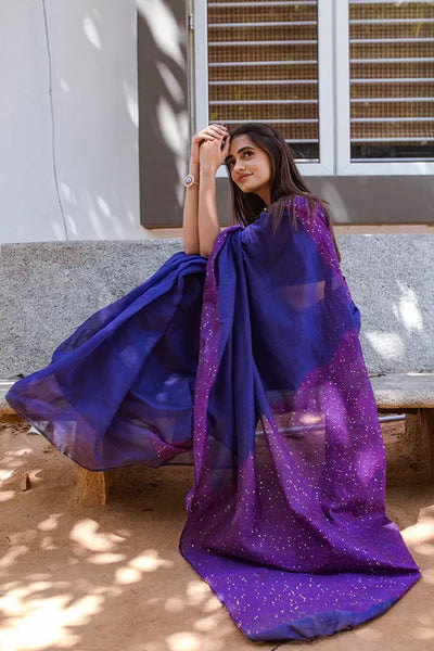 Rathi Blue Bengal Cotton Silk Saree With Chumki Boarder