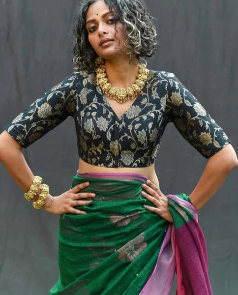 Readymade Gorgeous Black Silk Blouse With Sophisticated V-neck Design