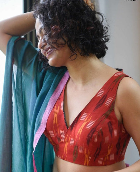 RED AND BLACK COTTON IKAT REVERSIBLE READYMADE BLOUSE