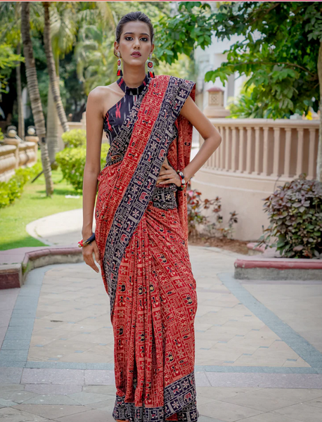 AJRAKH COTTON ANIMAL PRINT MAROON & BLACK SAREE