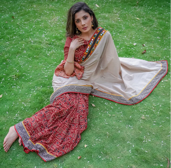 AJRAKH COTTON SAREE WITH KUTCH MIRROR WORK BORDER