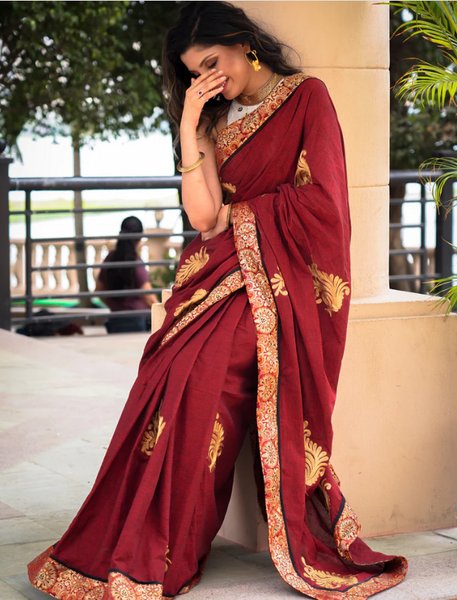 MAROON COTTON SAREE WITH EXCLUSIVE EMBROIDERED MOTIFS AND BANARASI BORDER