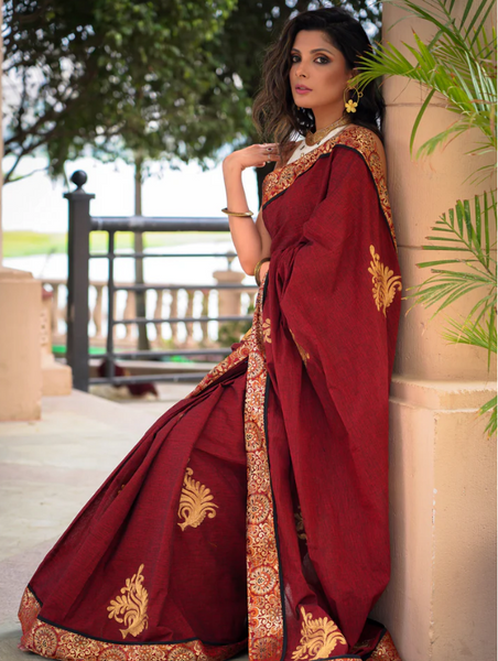 MAROON COTTON SAREE WITH EXCLUSIVE EMBROIDERED MOTIFS AND BANARASI BORDER