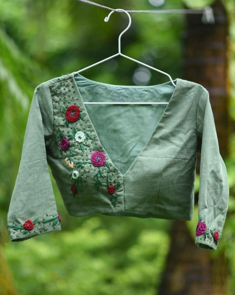 Sage Green hand embroidered readymade blouse