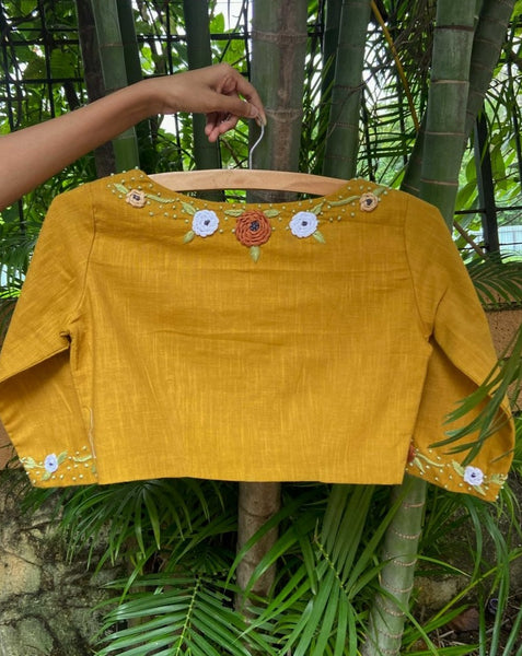 Yellow hand embroidered readymade blouse
