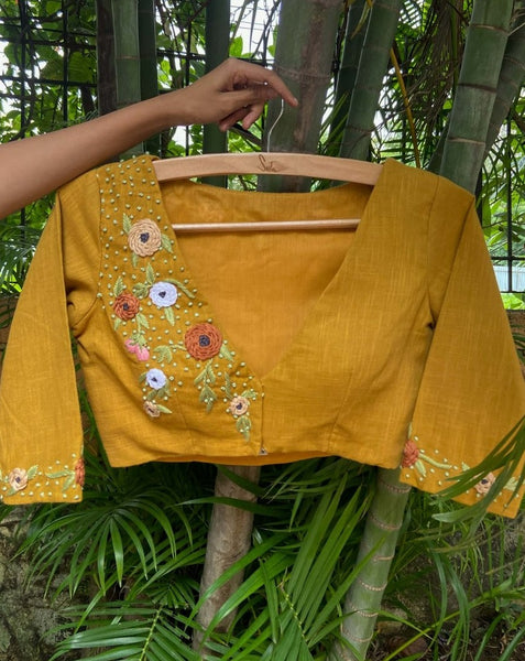 Yellow hand embroidered readymade blouse