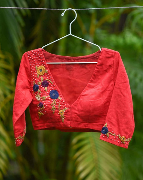 Red hand embroidered readymade blouse