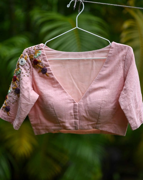 Salmon Pink hand embroidered readymade blouse