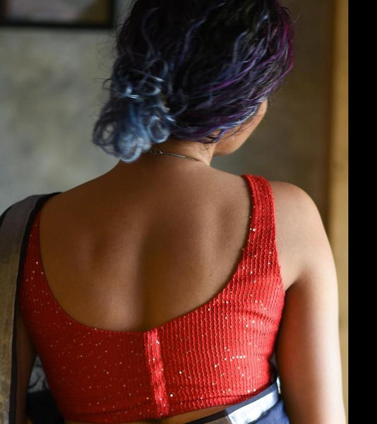 Red Sequin Viscose Sleeveless Blouse
