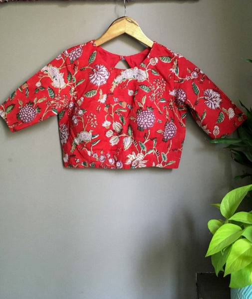 Red cotton readymade blouse with a round-neck