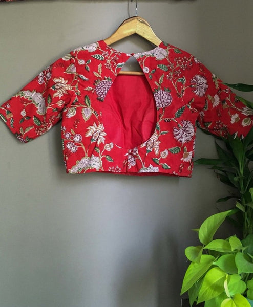 Red cotton readymade blouse with a round-neck