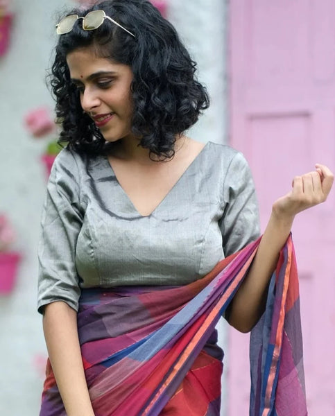 Readymade Stunning Silver Blouse Made of Handloom Chanderi Silk & Zari