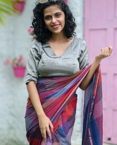 Readymade Stunning Silver Blouse Made of Handloom Chanderi Silk & Zari