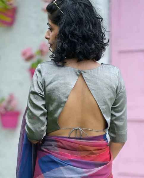 Readymade Stunning Silver Blouse Made of Handloom Chanderi Silk & Zari