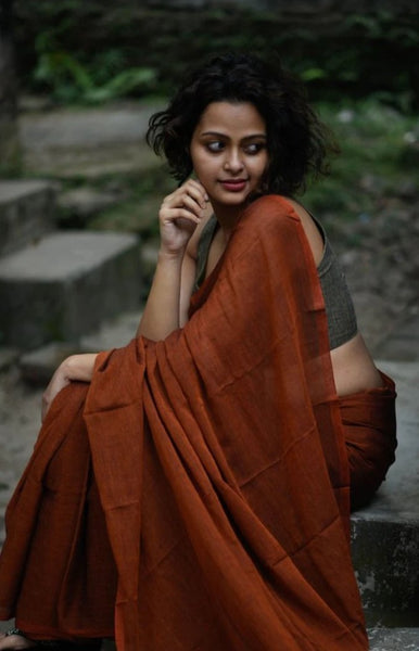 Rust Colored Mul Cotton Saree