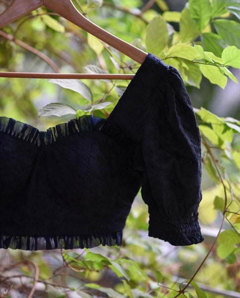 Black Hakoba Cotton Puff Ruffle Blouse with Embroidery Chikankari Work