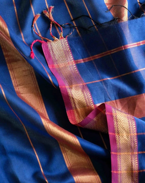 Blue And Golden Cotton Silk Saree
