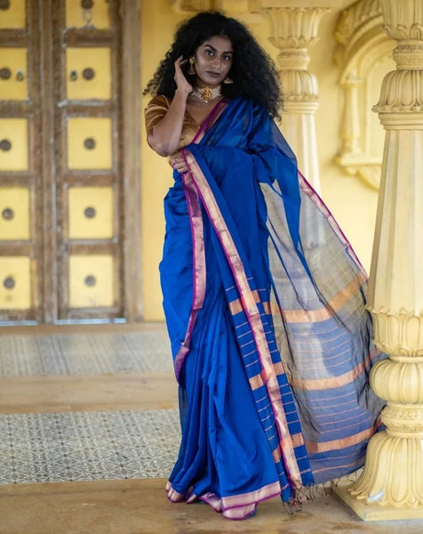Blue And Golden Cotton Silk Saree