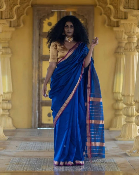Blue And Golden Cotton Silk Saree