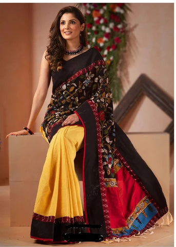 EXCLUSIVE HAND PAINTED KALAMAKRI WORK ON BORDER & PALLU WITH IKAT & GREY HANDLOOM COTTON PLEATS