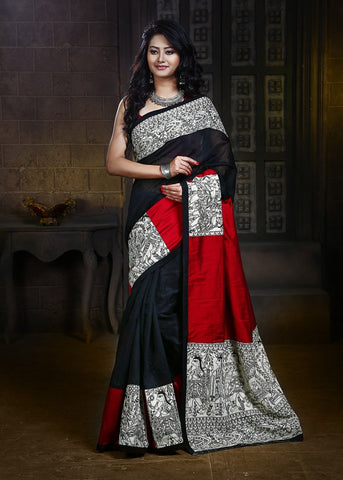 MADHUBANI PRINTED WORK ON PALLU, PLEATS & BORDER ON BLACK CHANDERI & MAROON COTTON SILK