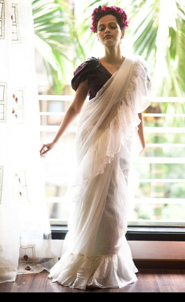 White Mul Cotton Ruffle Saree