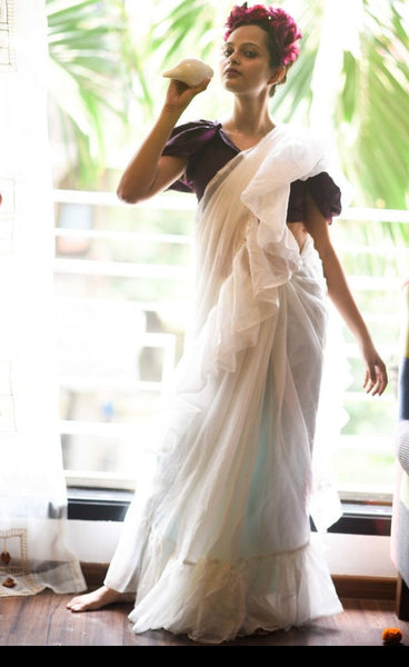 White Mul Cotton Ruffle Saree