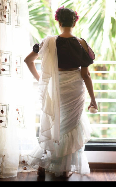 White Mul Cotton Ruffle Saree