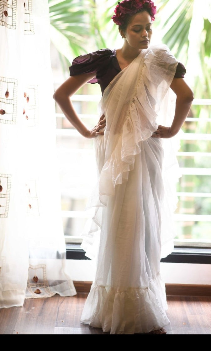 White Mul Cotton Ruffle Saree