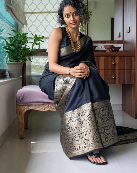 Comfortable Black Cotton Silk Saree