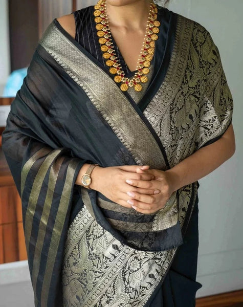 Comfortable Black Cotton Silk Saree