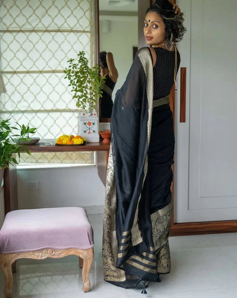 Comfortable Black Cotton Silk Saree