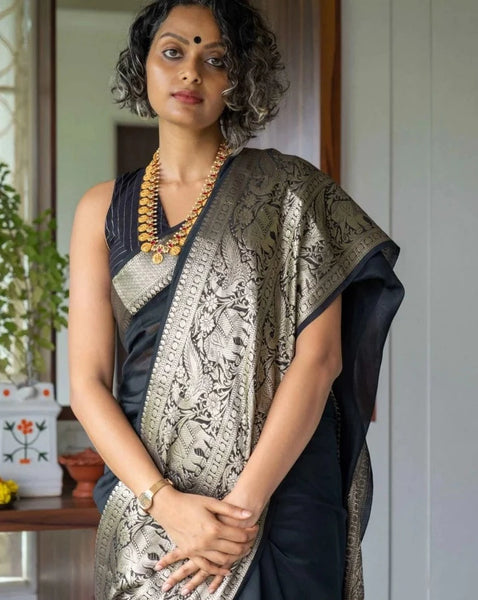 Comfortable Black Cotton Silk Saree