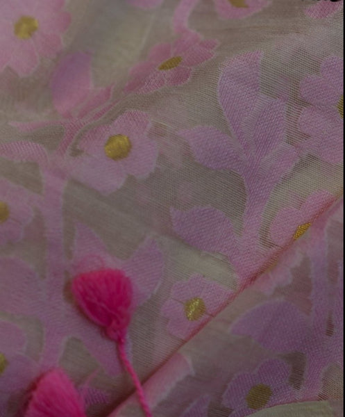 White and Pink Cotton Jamdani Saree