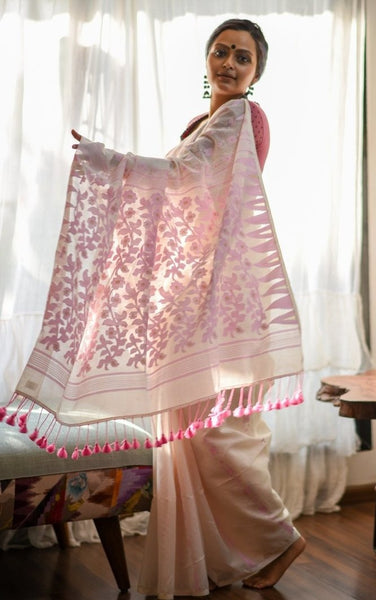 White and Pink Cotton Jamdani Saree