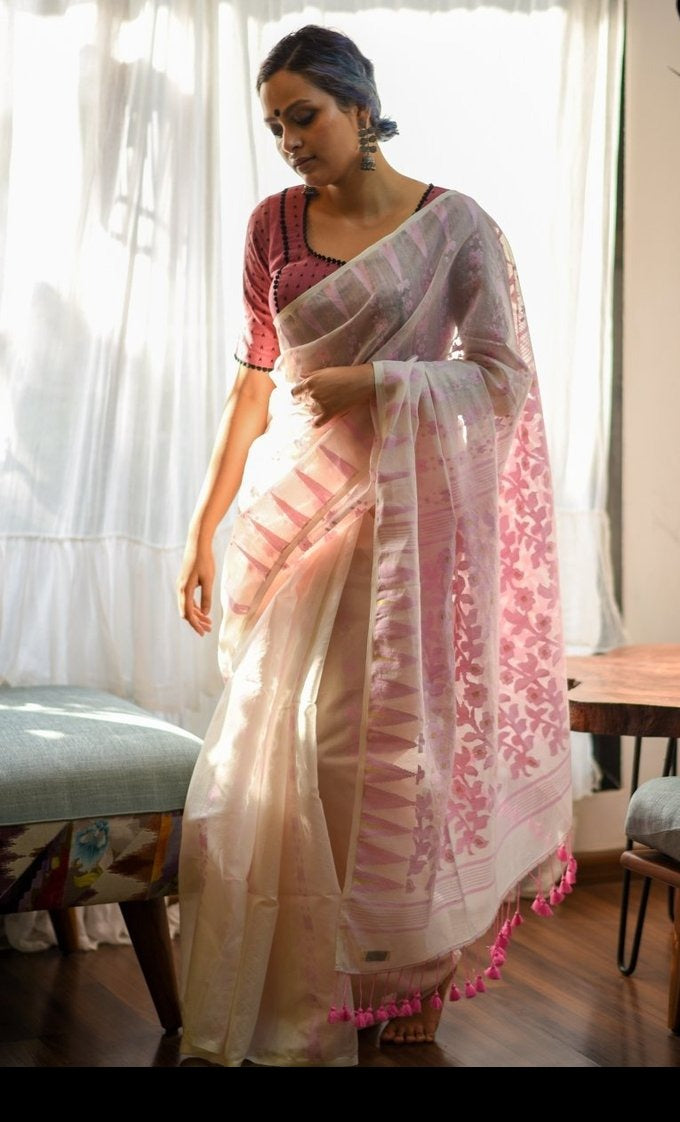 White and Pink Cotton Jamdani Saree