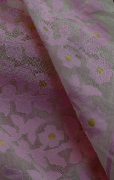 White and Pink Cotton Jamdani Saree