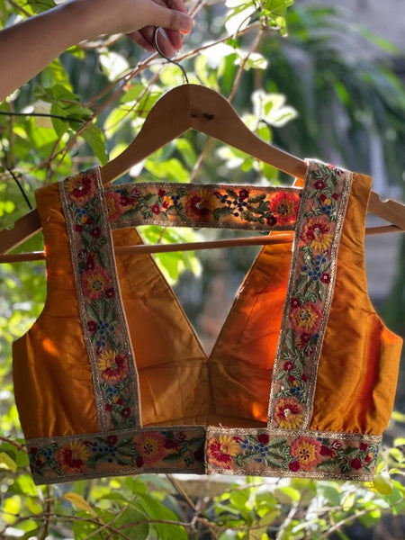 Mustard Yellow/Orange hand-woven embroidered silk readymade blouse