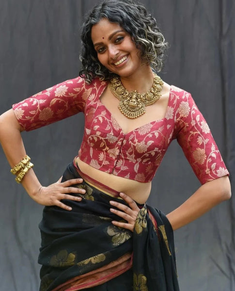 Readymade Beautiful Maroon Silk Blouse With Sweetheart Neckline