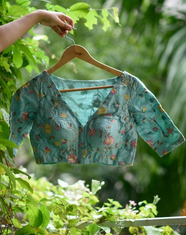 Teal Embroidered silk readymade blouse