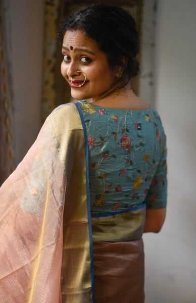 Teal Embroidered silk readymade blouse