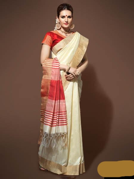 Tussar and Red Colored Pure Handloom Silk Saree