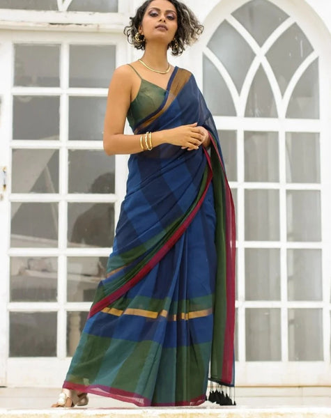 Silver Gold And Black Cotton-Zari Saree