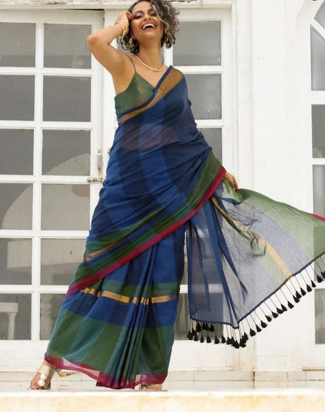 Silver Gold And Black Cotton-Zari Saree