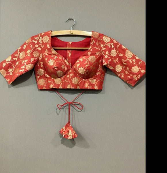 Red and Gold Silk Brocade Readymade Blouse